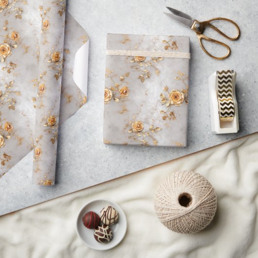 ロマンチックな黄色のバラ ラッピングペーパー (クラフト)