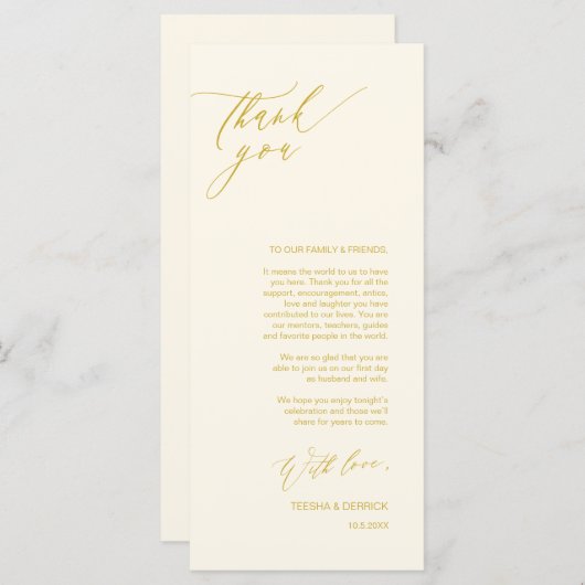 ロマンチックな黄色の金ゴールド、配置設定サンキューカード プログラム (正面/裏面)