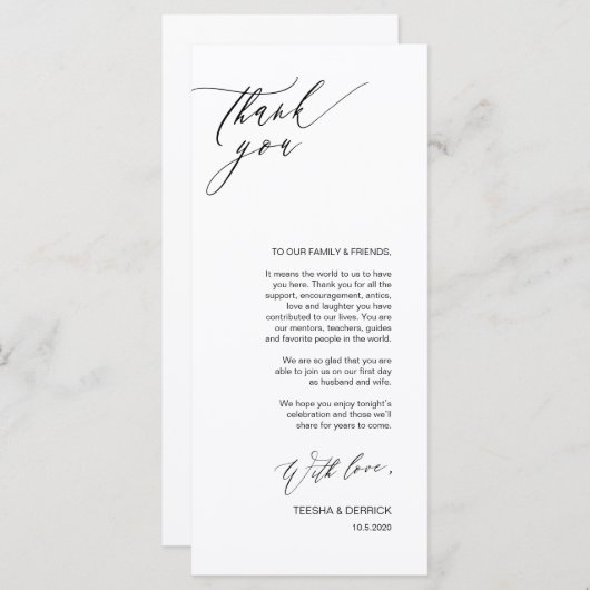 ロマンチックな黒いスクリプトの場所設定サンキューカード プログラム (正面/裏面)