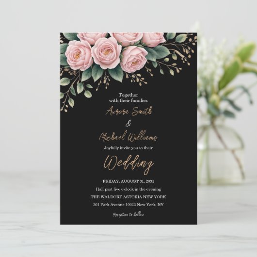 ロマンチックな黒いフローラ濃い秋結婚の花 招待状 (スタンド正面)