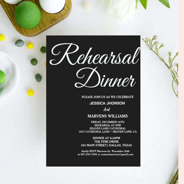ロマンチックな黒い書道のリハーサルのディナー招待状 (クリエイターアップロード済み)