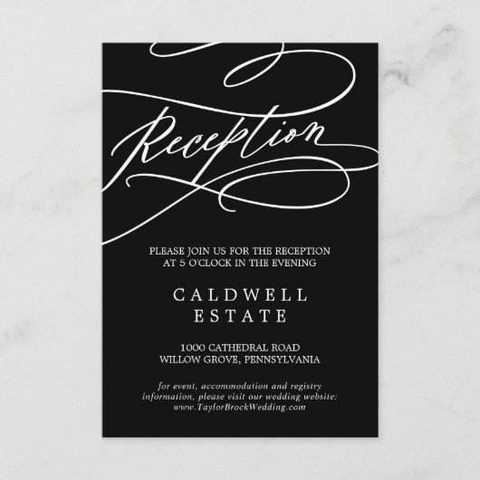 ロマンチックな黒い書道結婚式のレセプション エンクロージャーカード (正面)