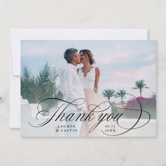 ロマンチックな黒い書道2枚結婚の写真 サンキューカード (正面)
