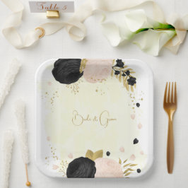 ロマンチックな黒とピンクの花結婚の金ゴールド ペーパープレート