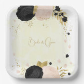 ロマンチックな黒とピンクの花結婚の金ゴールド ペーパープレート (正面)