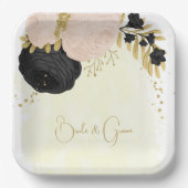 ロマンチックな黒とピンクの花結婚の金ゴールド ペーパープレート (正面)