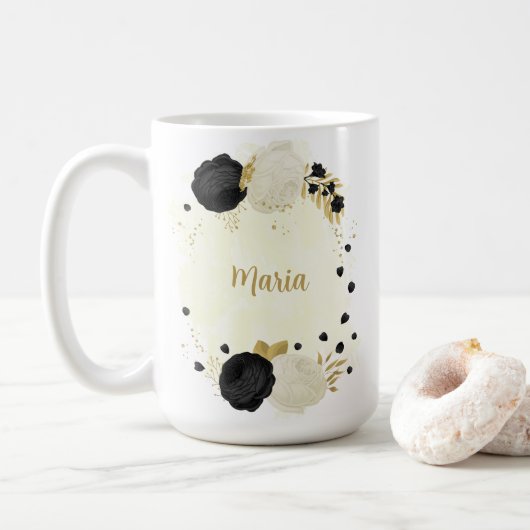 ロマンチックな黒と白の花とゴールドの結婚式 コーヒーマグカップ (ドーナツ)
