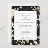 ロマンチックな黒と白の花と鳥のウェディング 招待状 (正面)