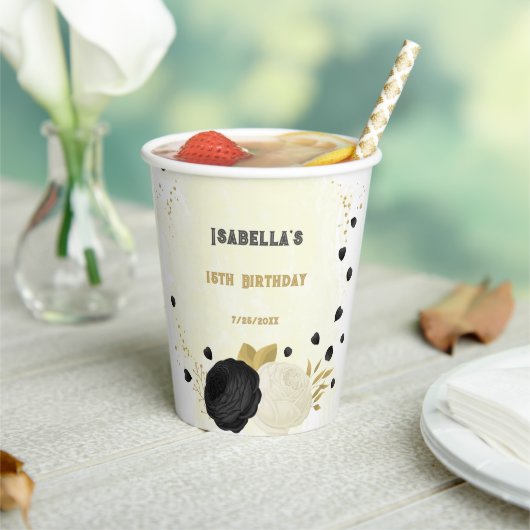 ロマンチックな黒と白の花のゴールド紙コップ 紙コップ (インサイチュ)