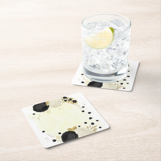 ロマンチックな黒と白の花金ゴールド スクエアペーパーコースター (インサイチュ)