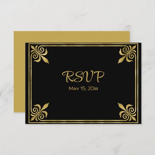 ロマンチックな黒と金ゴールドのフレーム 出欠カード (正面/裏面)