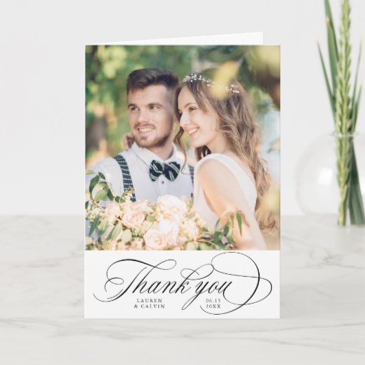 ロマンチックな黒結婚本の写真を折り畳み サンキューカード (正面)