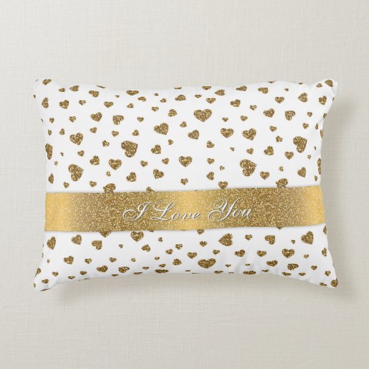 ロマンチックな「愛してる」金ゴールドフェイクグリッターハート アクセントクッション (正面)