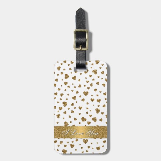 ロマンチックな「愛してる」金ゴールドフェイクグリッターハート ラゲッジタグ (正面縦)