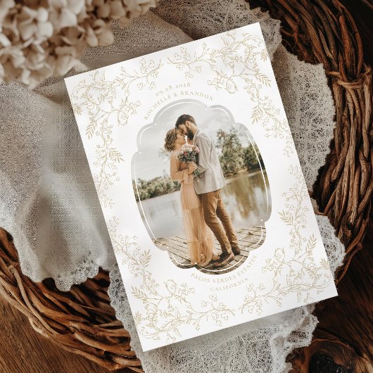 ロマンチックなChinoiserieアンティークフランスの金ゴールド写真 セーブザデート