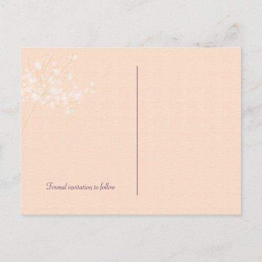 ロマンチックなDandelion写真結婚式の日付を保存 案内ポストカード (裏面)