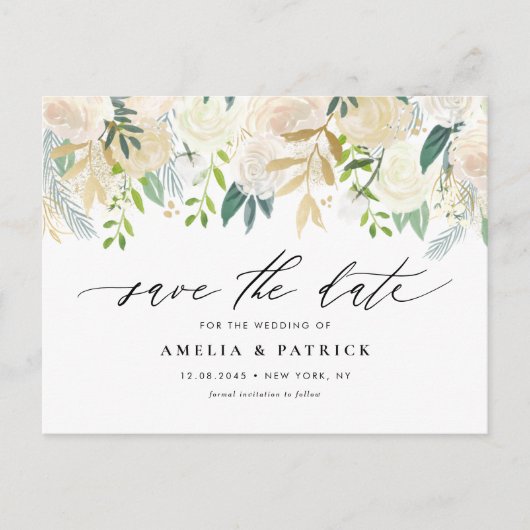 ロマンチックにミュートアイボリー花結婚式の日付を保存 案内ポストカード (正面)