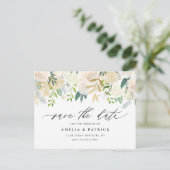 ロマンチックにミュートアイボリー花結婚式の日付を保存 案内ポストカード (スタンド正面)