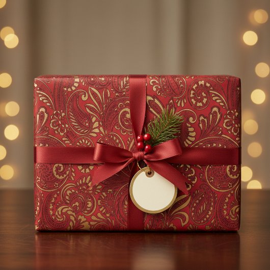 ロマンチックはっきりしたレッドダマスクペイズリーはっきりしたフローラ ラッピングペーパー