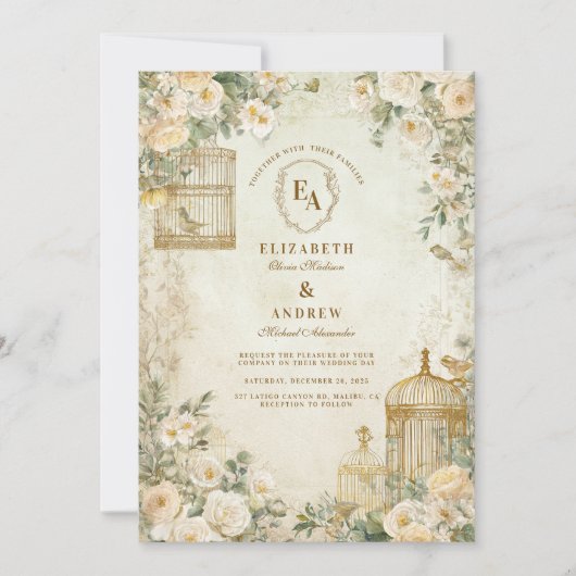 ロマンチックアイボリーフローラガーデンパーティー 招待状 (正面)