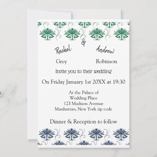 ロマンチックアンティーク結婚式招待状グリーンブルー 招待状 (裏面)