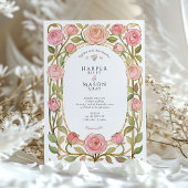 ロマンチックアールヌーボーピンクローズ結婚ズ 招待状