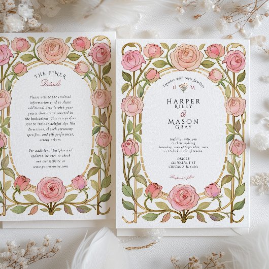 ロマンチックアールヌーボーピンクローズ結婚ズ 招待状