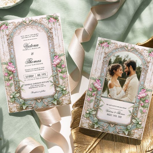 ロマンチックアールヌーボーピンク牡丹結婚式招待状 招待状