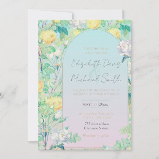 ロマンチックイエローホワイトローズフローラデザイン 招待状 (正面)