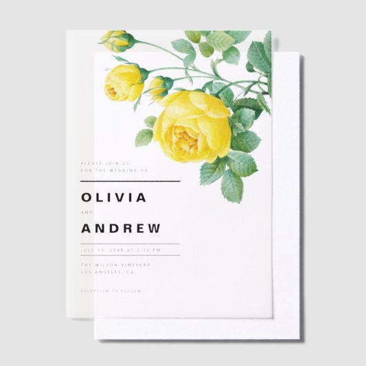 ロマンチックイエローローズボタニッ結婚クス ベラム紙招待状 (オフセット)
