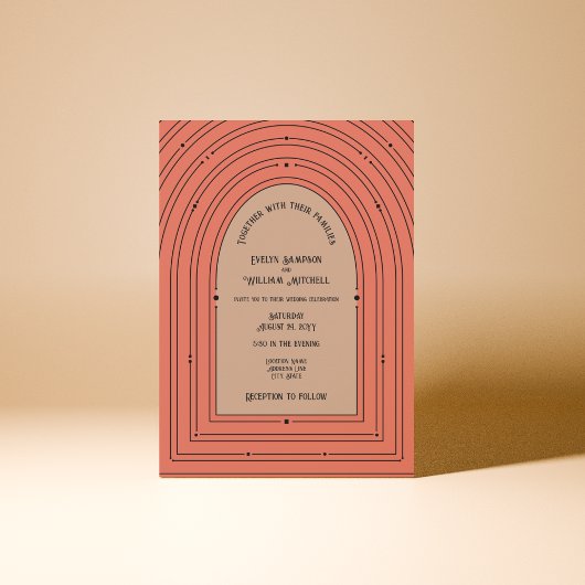 ロマンチックインスパイアなヴィンテージアーチミュートコーラル結婚ズ 招待状