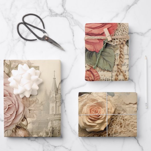 ロマンチックインスパイアヴィンテージピンクフローラ ラッピングペーパーシート (正面)