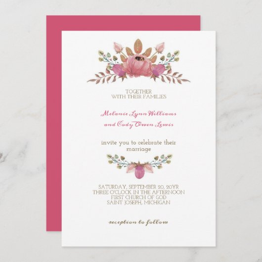 ロマンチックインディアンレッドフラワーズクラウン結婚ズ 招待状 (正面/裏面)