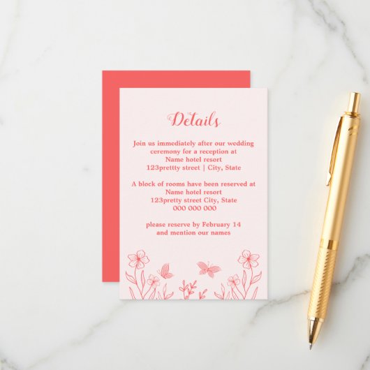 ロマンチックエレガントなコーラルピンクのフローラ結婚ズ エンクロージャーカード (正面/裏面インサイチュ)