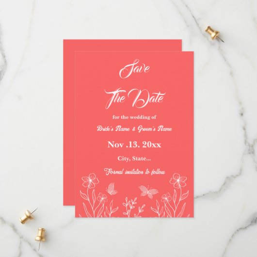 ロマンチックエレガントなコーラルピンクのフローラ結婚ズ セーブザデート (正面/裏面インサイチュ)