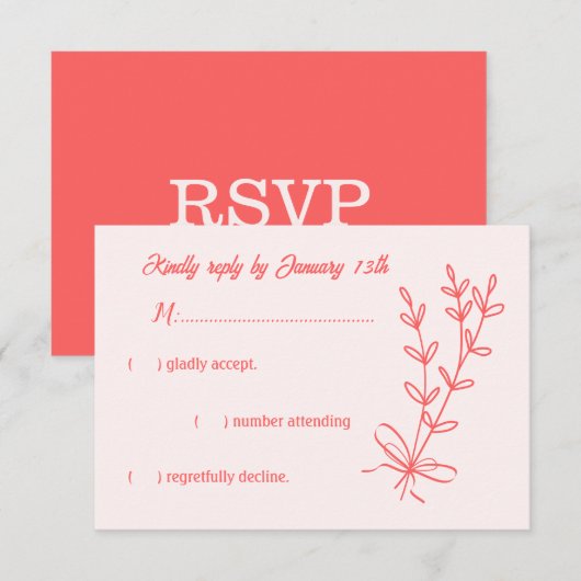 ロマンチックエレガントなコーラルピンクのフローラ結婚ズ 出欠カード (正面/裏面)