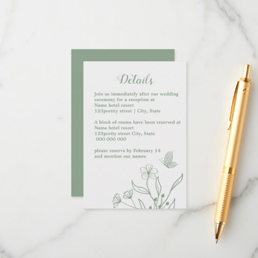 ロマンチックエレガントなセージ緑のフローラ結婚の エンクロージャーカード (正面/裏面インサイチュ)