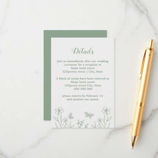 ロマンチックエレガントなセージ緑のフローラ結婚の エンクロージャーカード (正面/裏面インサイチュ)