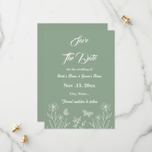 ロマンチックエレガントなセージ緑のフローラ結婚の セーブザデート (正面/裏面インサイチュ)