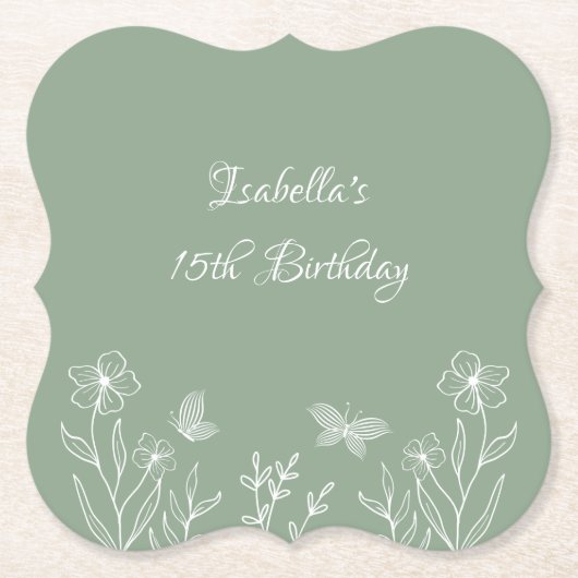 ロマンチックエレガントなセージ緑のフローラ結婚の ペーパーコースター (正面)