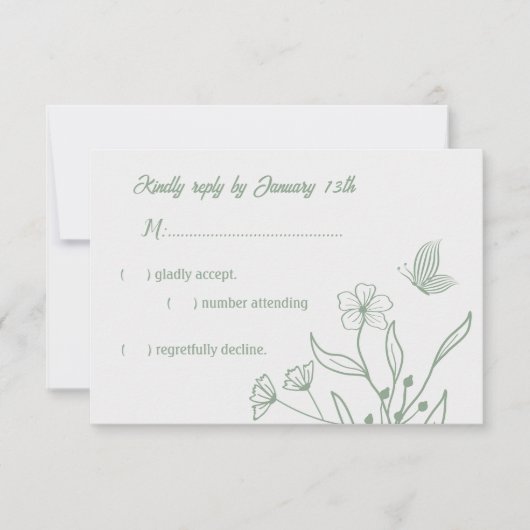 ロマンチックエレガントなセージ緑のフローラ結婚の 出欠カード (正面)