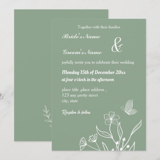 ロマンチックエレガントなセージ緑のフローラ結婚の 招待状 (正面/裏面)