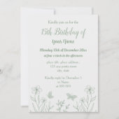 ロマンチックエレガントなセージ緑のフローラ誕生日 招待状 (正面)