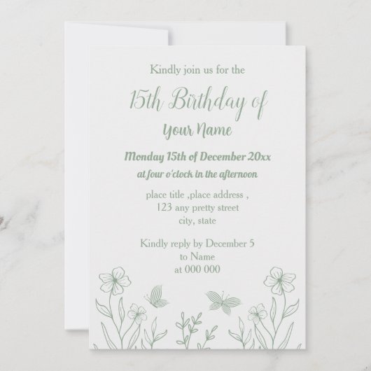 ロマンチックエレガントなセージ緑のフローラ誕生日 招待状 (正面)
