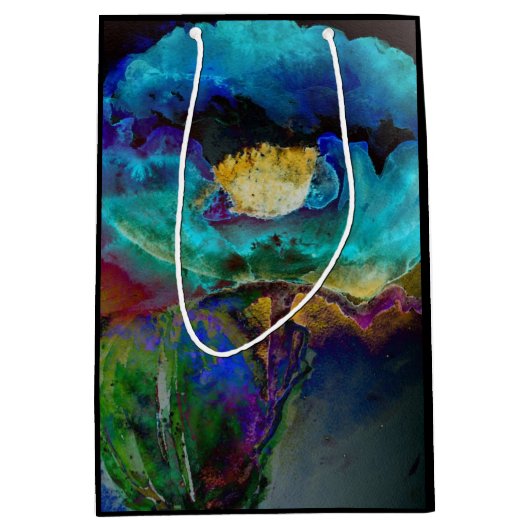 ロマンチックエレガントなティール(緑がかった色)フローラの水の色絵画の ミディアムペーパーバッグ (正面)