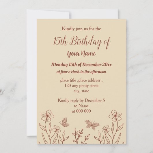 ロマンチックエレガントなテラコッタフローラ誕生日 招待状 (正面)