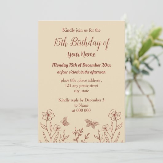 ロマンチックエレガントなテラコッタフローラ誕生日 招待状 (スタンド正面)