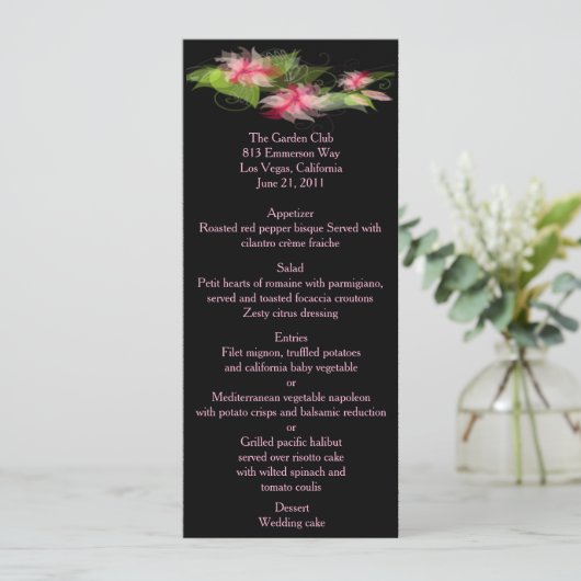 ロマンチックエレガントなピンクのフローラメニューカード メニュー (スタンド正面)