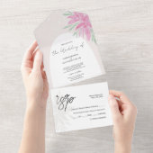 ロマンチックエレガントなピンクのレースの花 オールインワン招待状 (貼ってはがせる)