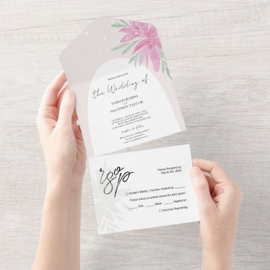 ロマンチックエレガントなピンクのレースの花 オールインワン招待状 (貼ってはがせる)